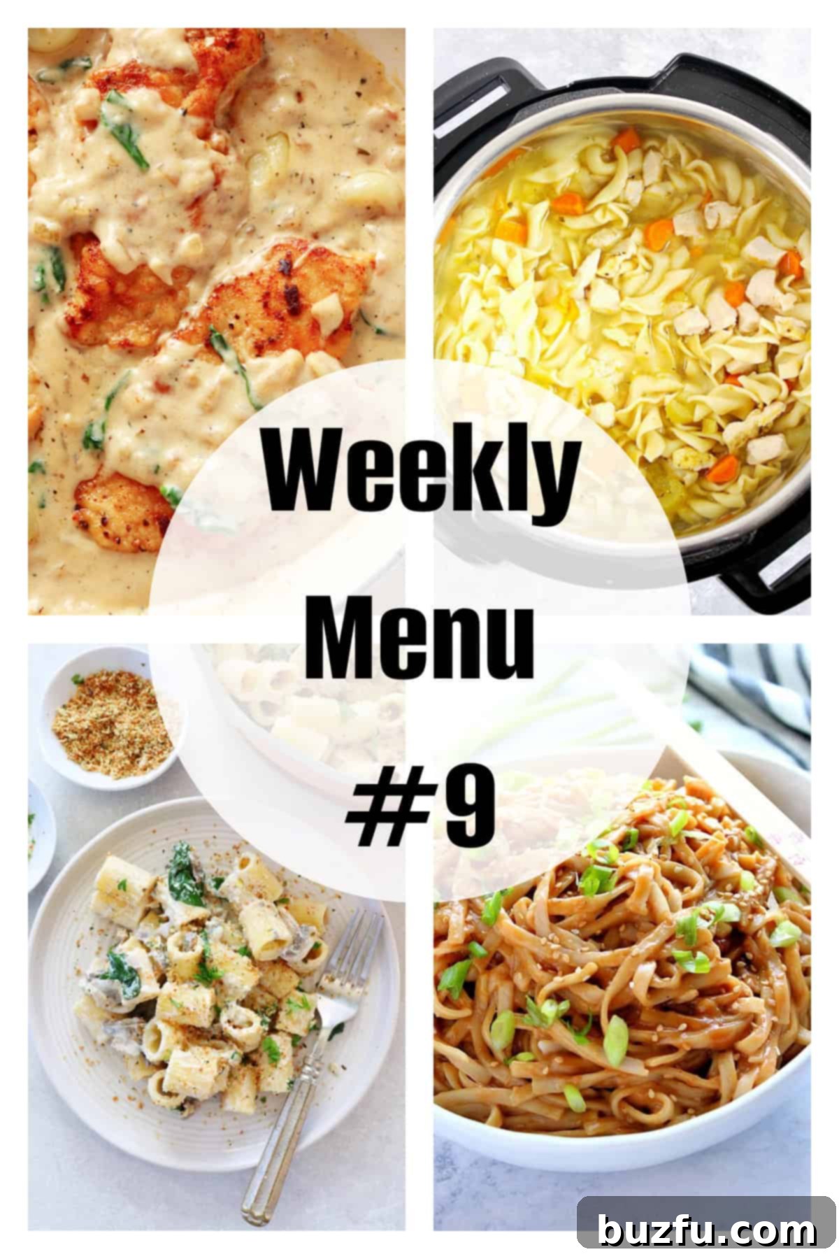 A vibrant photo collage displaying four delicious dinner ideas for a weekly meal plan, featuring cozy fall dishes and the text 'Weekly Menu 9' prominently displayed.