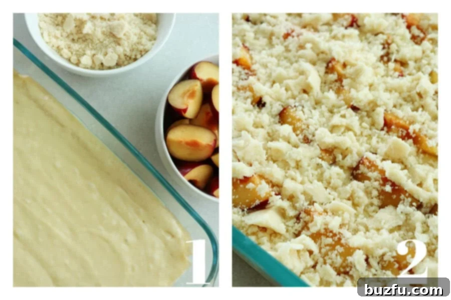 Two photos, side by side, of cake batter in a baking pan and plums and crumb topping on the batter.