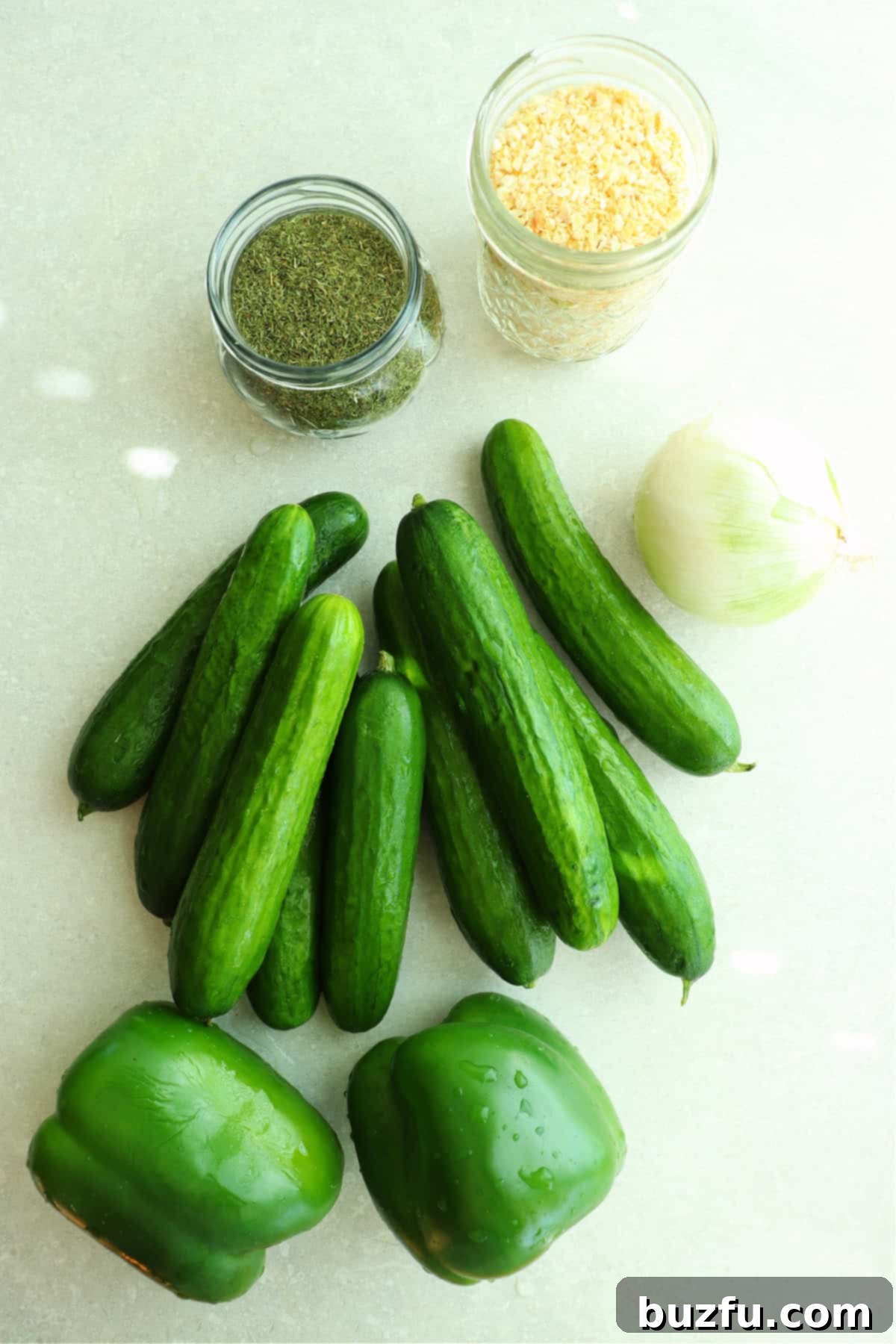 Fresh cucumbers, green bell peppers, white onion, dehydrated garlic in a jar and dried dill in a spice jar, all set on a gray board.