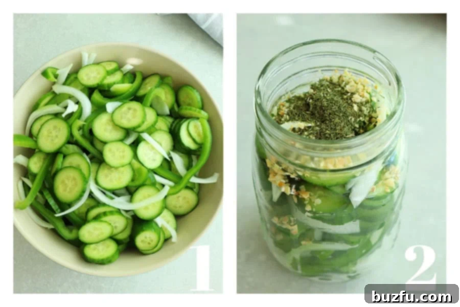 Photos of steps for canned cucumber salad, ingredients in a bowl and in a jar.