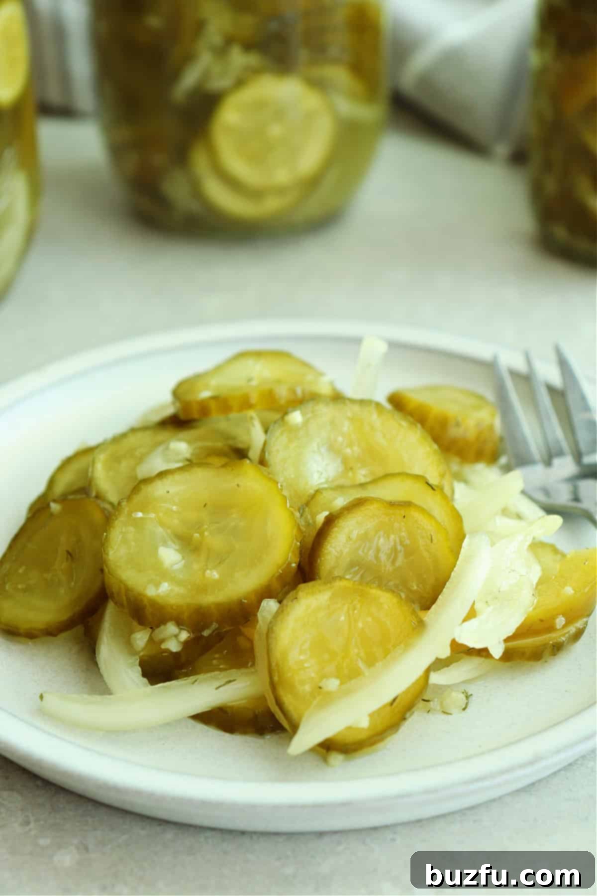 Pickled cucumber, pepper and onion salad on an appetizer plate.