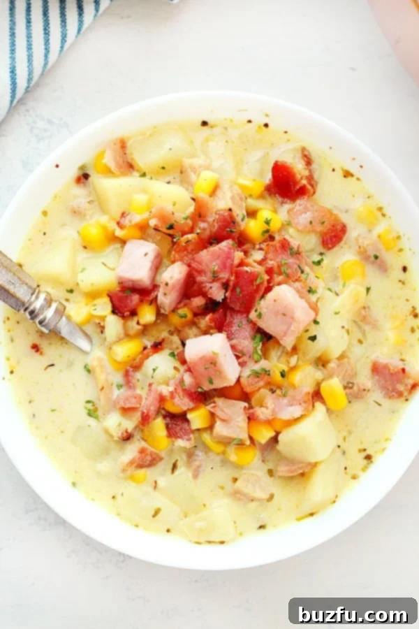 A steaming bowl of creamy Potato Ham Chowder, garnished with fresh herbs, ready to be enjoyed.