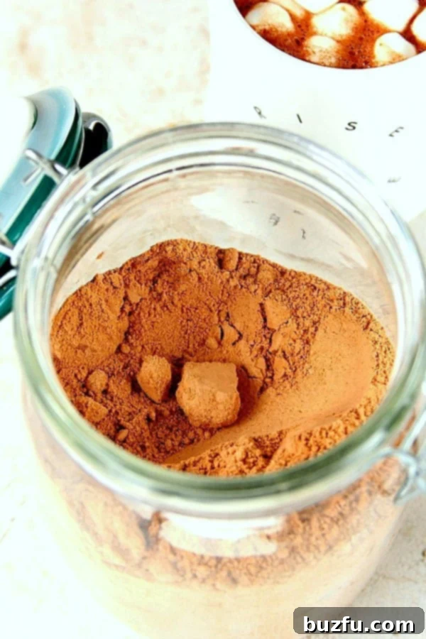 Homemade Hot Chocolate Mix Recipe: Quick, Easy, and Delicious A charming glass jar filled with homemade hot chocolate mix, ready for enjoyment.