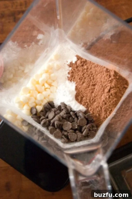 All ingredients ready to be blended for the perfect homemade hot chocolate mix Overhead view of all the ingredients for homemade hot chocolate mix expertly placed in a blender, ready for blending.