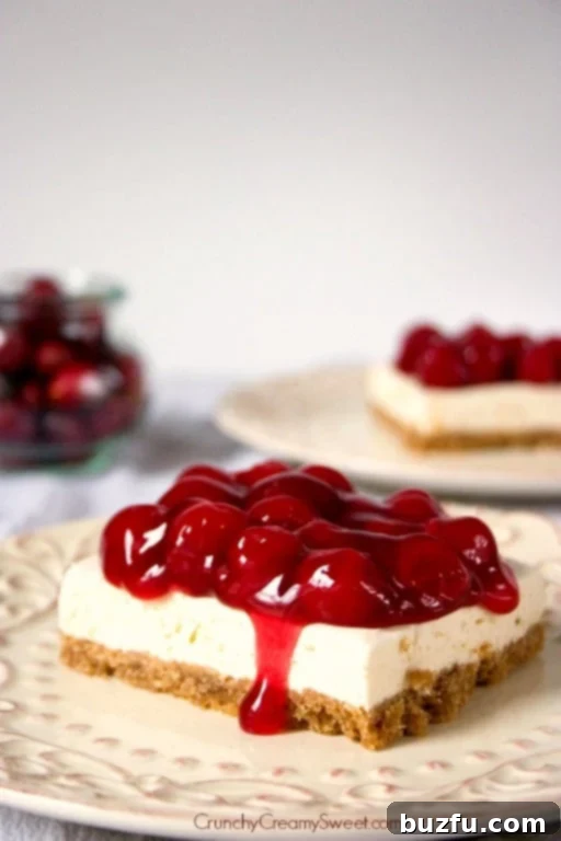 Close-up side view of a square slice of Cherry Delight showing the creamy white layer and abundant cherry topping.