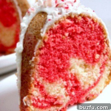 Candy Cane Dream Bundt 2 Slice of Peppermint Candy can bundt cake on a plate.