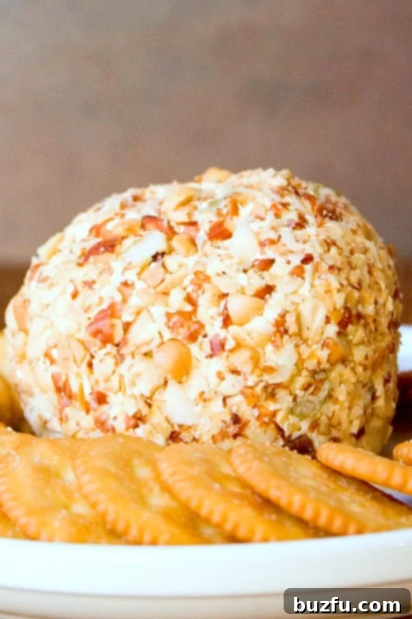 Close-up of a beautifully garnished Bacon and Olive Cheese Ball, glistening with a fresh appearance, on a plate with an assortment of crackers.