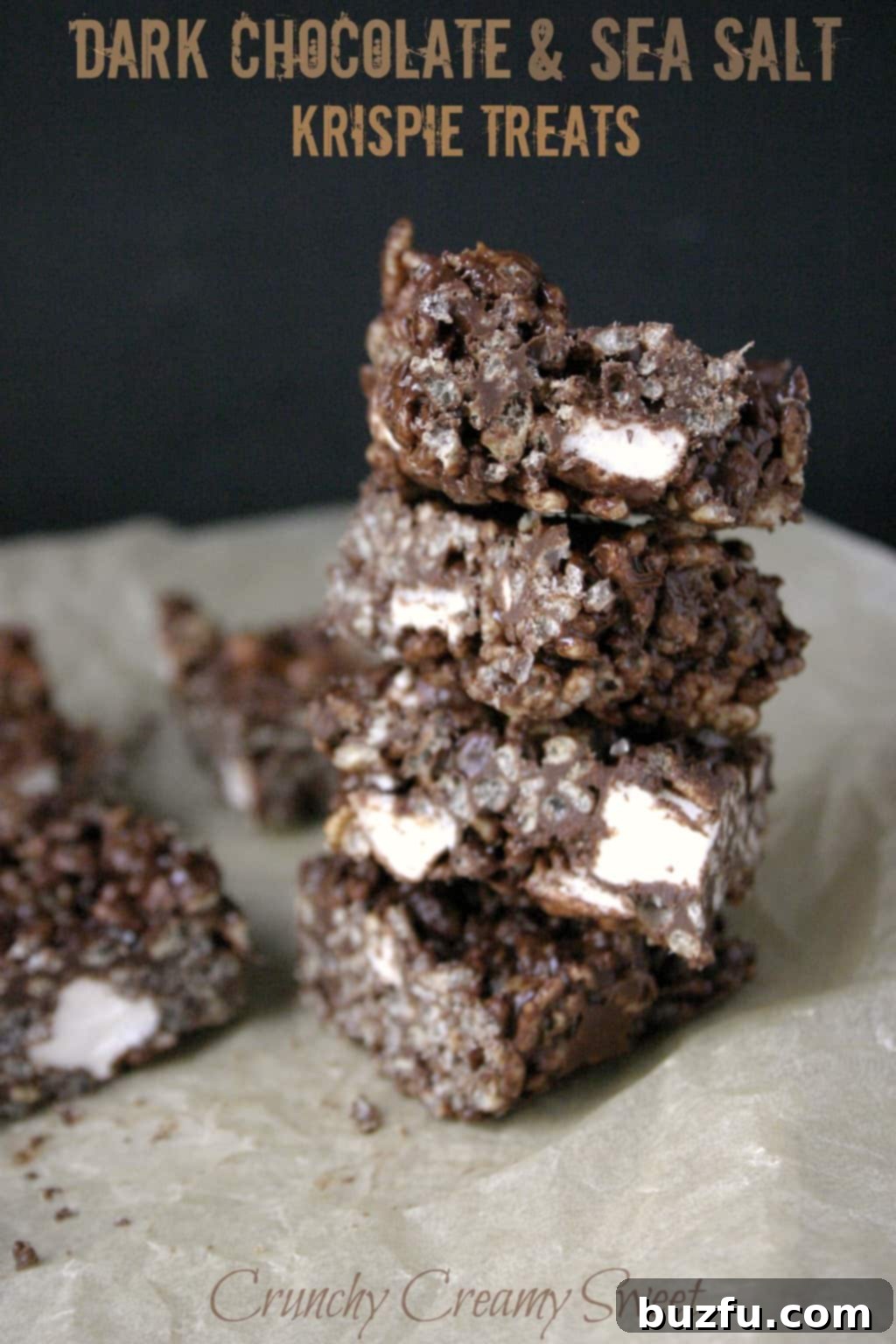 Rich dark chocolate and flaky sea salt atop a bed of crispy treats
