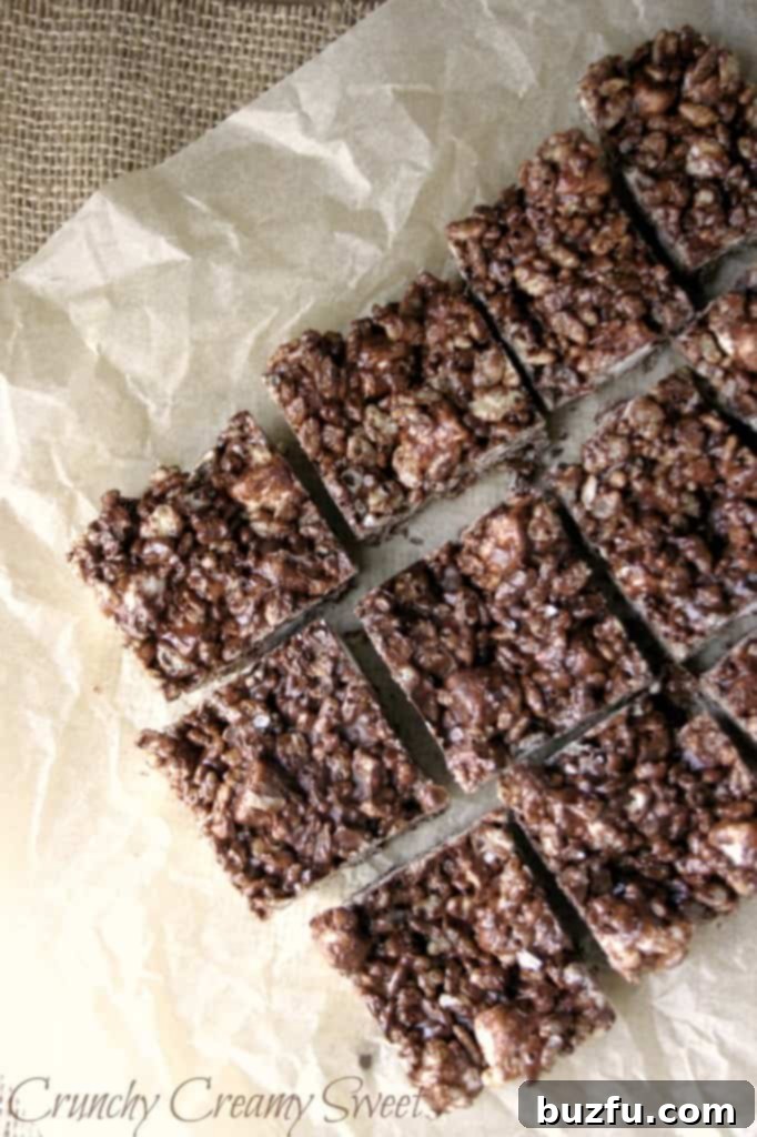 Close-up of freshly made dark chocolate and sea salt Krispies treats on a cutting board