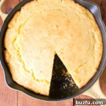Cornbread in a skillet overhead view.