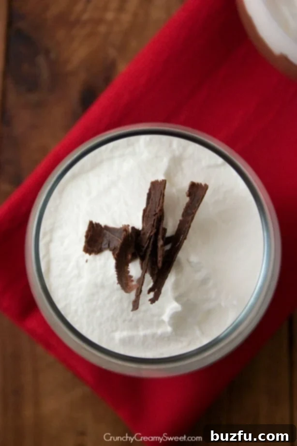 Layers of chocolate mousse and cake in a trifle glass, garnished with chocolate shavings.