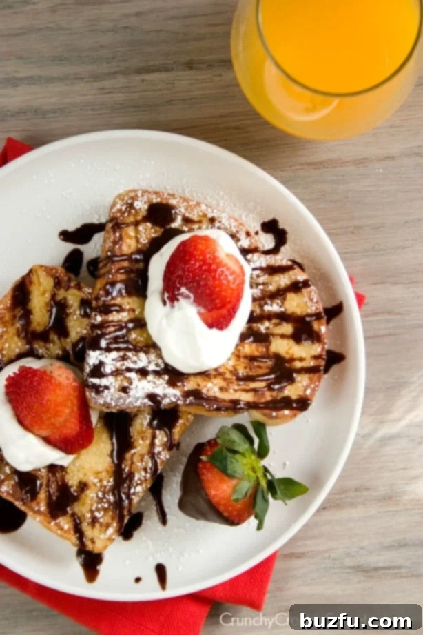 French toast with chocolate sauce and strawberries - a romantic breakfast idea