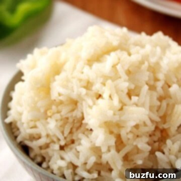 Cooked fluffy rice in a gray bowl, garnished slightly.
