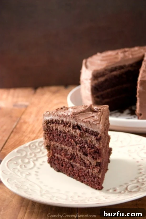 The Best Chocolate Cake - chocolate layer cake with rich and creamy chocolate frosting. The easiest chocolate cake you will ever make! Side shot of a delectable slice of four-layer chocolate cake with generous frosting, resting on a pristine white plate.