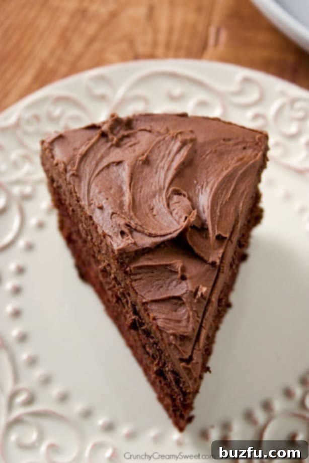 The Best Chocolate Cake - chocolate layer cake with rich and creamy chocolate frosting. The easiest chocolate cake you will ever make! Overhead shot of a perfect slice of chocolate cake adorned with frosting, tempting and delicious.