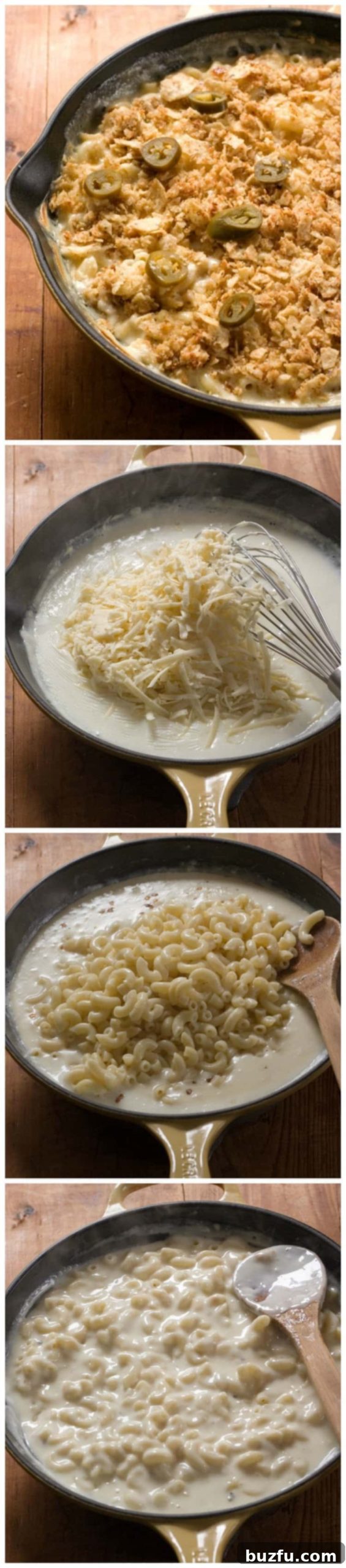 A visual collage illustrating the step-by-step process of preparing Pepper Jack Mac and Cheese, from making the sauce to assembling and baking, ending with a final tempting presentation.