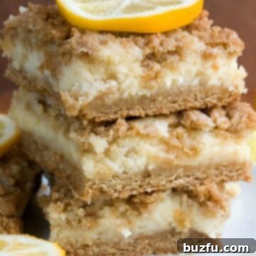 Stack of Lemon Crumb Bars showcasing the golden topping and creamy filling