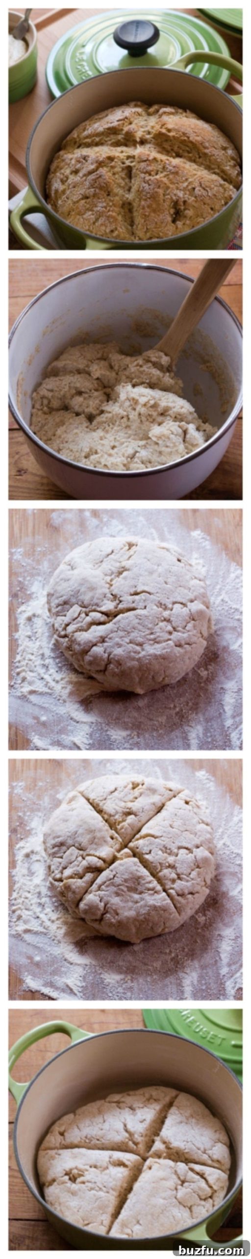 How to make Irish soda bread. Photo collage of steps to make Irish soda bread in Dutch oven.