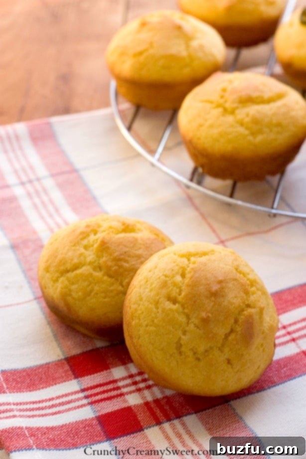 The Best Cornbread Muffins made from scratch. Close-up of freshly baked Cornbread Muffins on a decorative napkin, showcasing their texture.