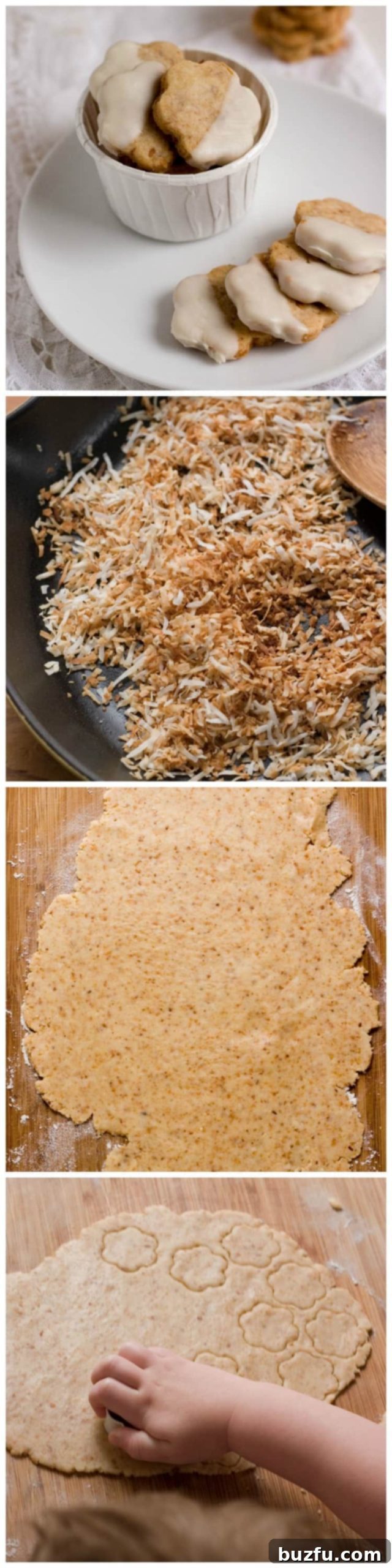 A child's hands cutting out flower-shaped Chocolate Coconut Shortbread Cookies, showcasing the fun and ease of this delightful 4-ingredient recipe.