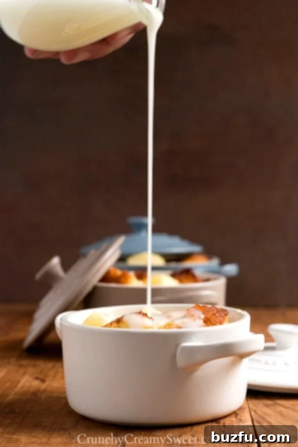 Final presentation of Pineapple Apricot Bread Pudding, ready to enjoy.