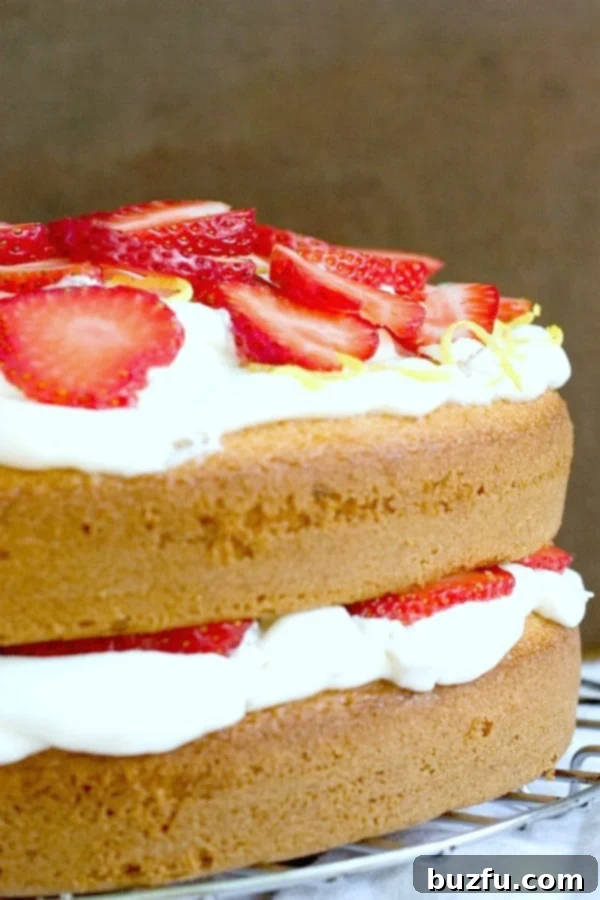 Lemon Strawberry Layer Cake - this rustic looking cake is very easy to make and absolutely delicious! You will love the lemon and strawberry combo! A slice of Lemon Strawberry Layer Cake ready to be served, showing off its beautiful layers and fresh fruit.