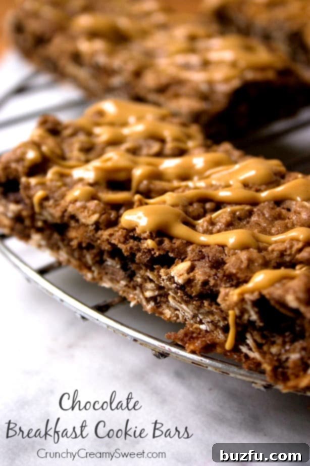 Chocolate Breakfast Cookie Bars - delicious chewy chocolate bars that are packed with crunchy cereal and oats. Drizzle with peanut butter for even more flavor! Irresistible Chocolate Breakfast Cookie Bars with a Smooth Peanut Butter Drizzle