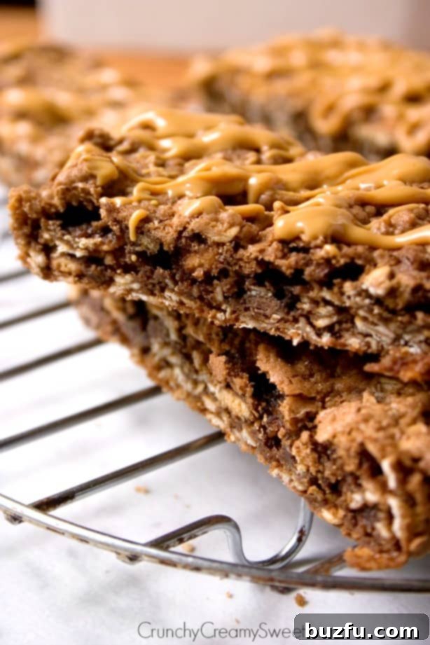Chocolate Breakfast Cookie Bars - delicious chewy chocolate bars that are packed with crunchy cereal and oats. Drizzle with peanut butter for even more flavor! Breakfast Cookie Bars recipe, perfect for grab-and-go
