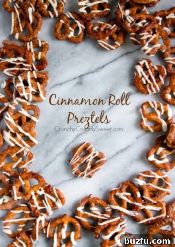 Cinnamon Roll Pretzels - cinnamon sugar coated pretzels baked and drizzled with white chocolate. A quick and easy dessert recipe.
