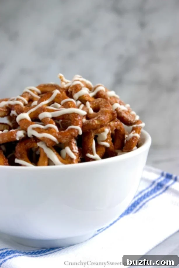 Cinnamon Roll Pretzels - easy and delicious snack idea, presented beautifully in a bowl.