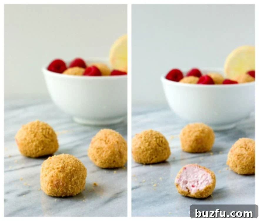 Homemade Cheesecake Bites: The perfect blend of lemon and raspberry. Close-up of freshly made Lemon Raspberry Cheesecake Bites, coated in graham cracker crumbs, ready to be enjoyed.