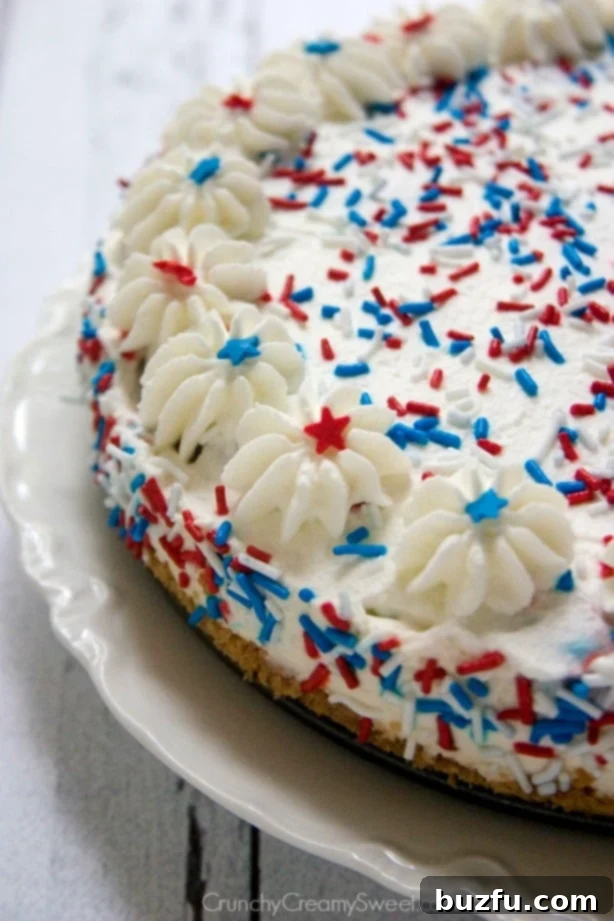Festive 4th of July No Bake Cheesecake decorated with red, white, and blue sprinkles, ready for Independence Day
