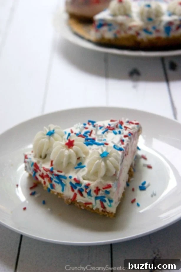 Patriotic 4th of July No Bake Cheesecake with funfetti sprinkles, a perfect red, white, and blue treat