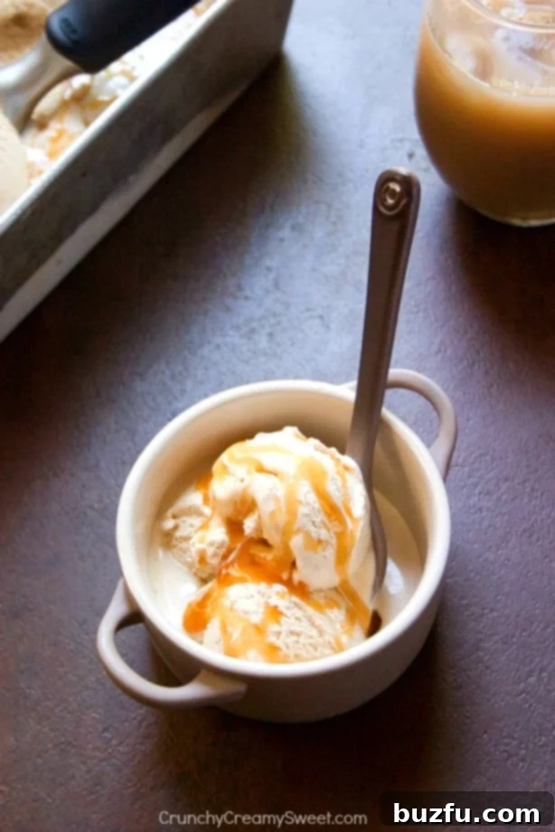 Decadent Caramel Iced Coffee Ice Cream Rich Caramel Iced Coffee Ice Cream with a swirl of caramel sauce, perfect for coffee and dessert lovers.