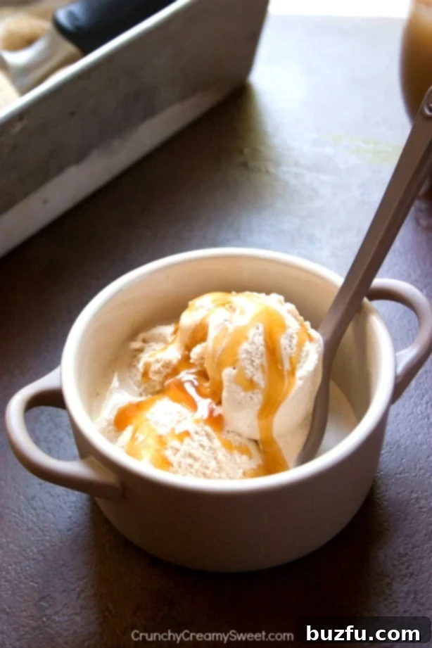 Gourmet Iced Coffee Ice Cream Dessert A bowl of Iced Coffee Ice Cream topped with whipped cream and caramel, ready to be enjoyed.