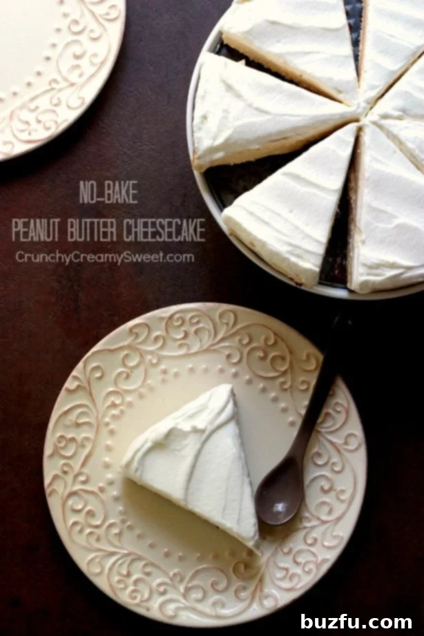 Irresistible No-Bake Peanut Butter Cheesecake Slices Ready to Serve Overhead shot of a No-Bake Peanut Butter Cheesecake, perfectly sliced into triangles, with one piece served on a white plate, highlighting its creamy texture and chocolate crust.