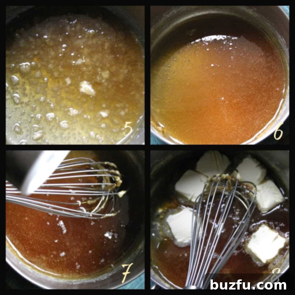 How to make caramel sauce step by step Four step photos illustrating sugar melting in a saucepan for caramel sauce.
