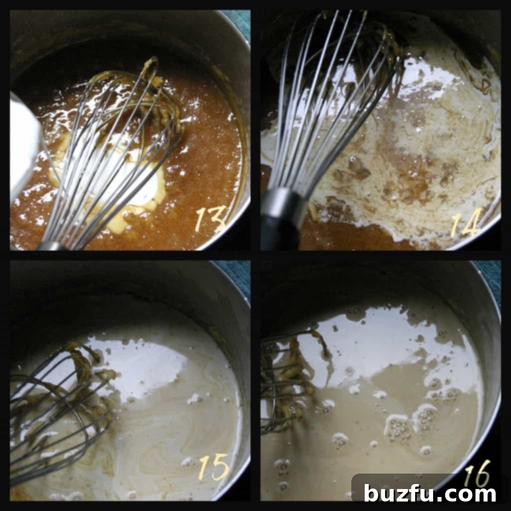 How to make creamy salted butter caramel sauce. Four step photos demonstrating the addition of butter and half-and-half to caramel sauce.