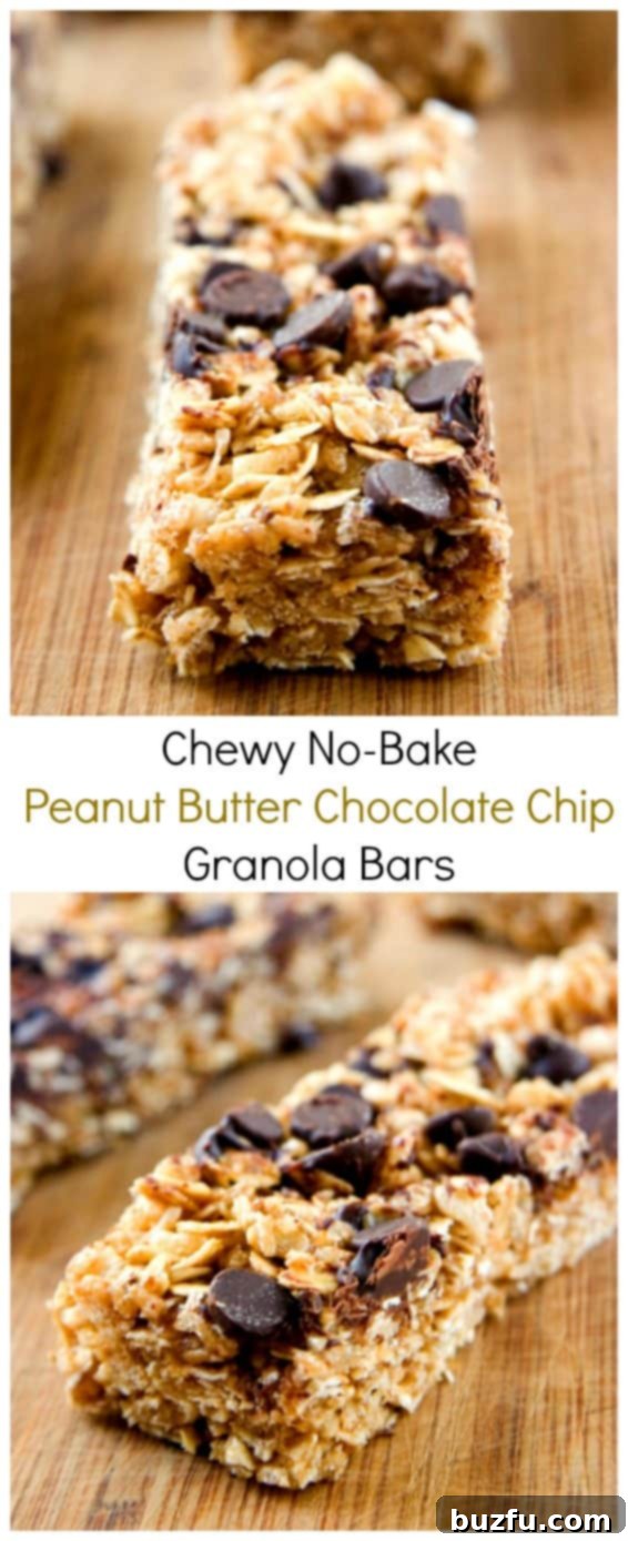 Close-up shot of a single chewy peanut butter chocolate chip granola bar, showcasing its rich texture and delicious inclusions.