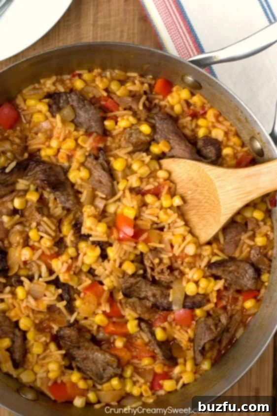 Fiesta Fried Rice with Beef, Peppers and Corn, a vibrant and easy skillet meal.