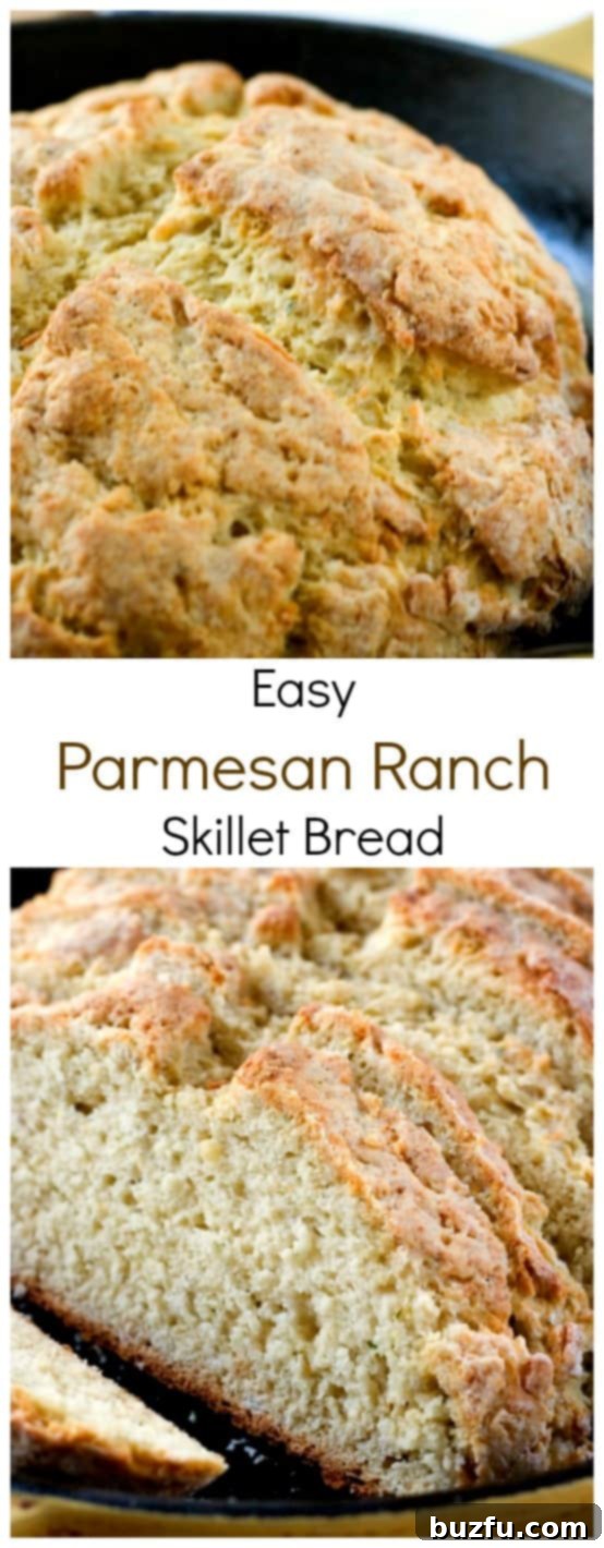 Easy Parmesan Ranch Skillet Bread from Crunchy Creamy Sweet blog Easy Parmesan Ranch Skillet Bread from Crunchy Creamy Sweet blog, showing a full view of the baked bread in the skillet.