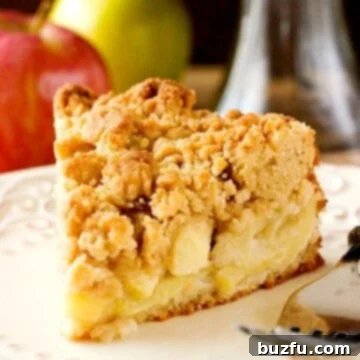 A beautifully plated slice of Apple Crumb Cake, ready to be served, showcasing its perfect crumb and apple filling.