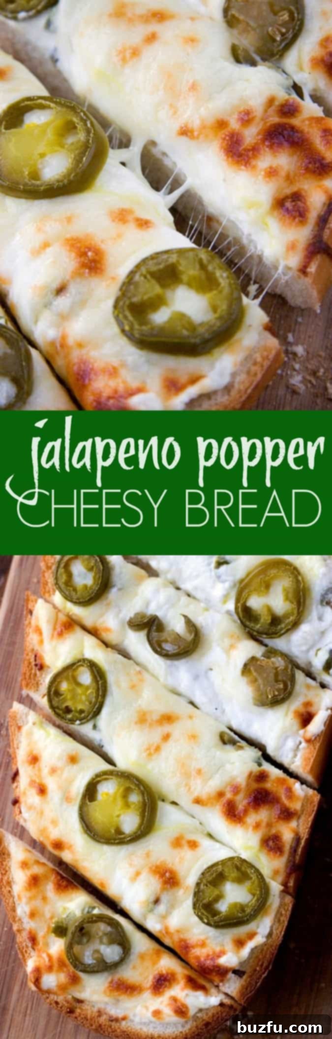 close-up of jalapeno popper cheesy bread, showing melted cheese and jalapeno slices
