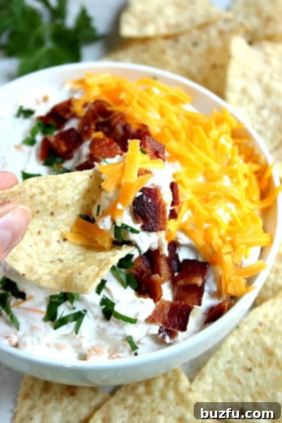 Simple Cheddar Bacon Ranch Dip ready for serving. Close-up of Cheddar Bacon Ranch Dip in a serving bowl, showcasing its creamy texture and bacon bits.