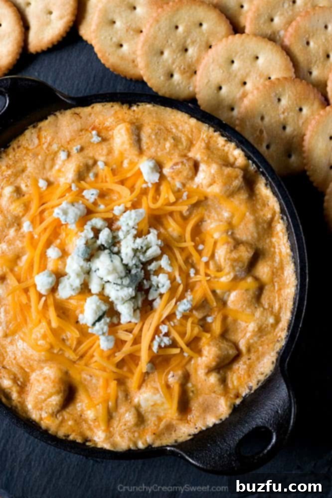 Loaded Cheddar Bacon Ranch Dip 3 Classic Hot Buffalo Chicken Dip, bubbling and cheesy.
