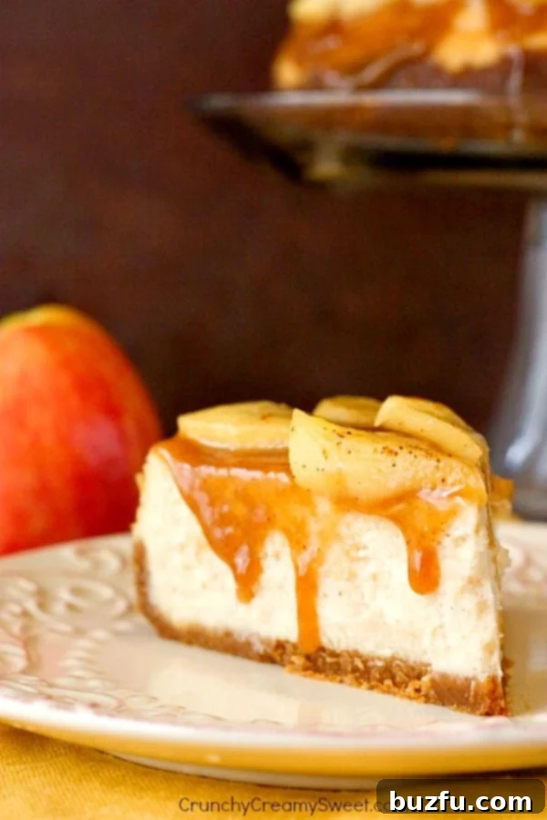 A perfect slice of cheesecake with apples and caramel topping, ready to be enjoyed. A single, elegant slice of caramel apple cheesecake perfectly plated, showcasing its golden crust, creamy filling, and a generous topping of caramelized apple slices and rich caramel sauce.