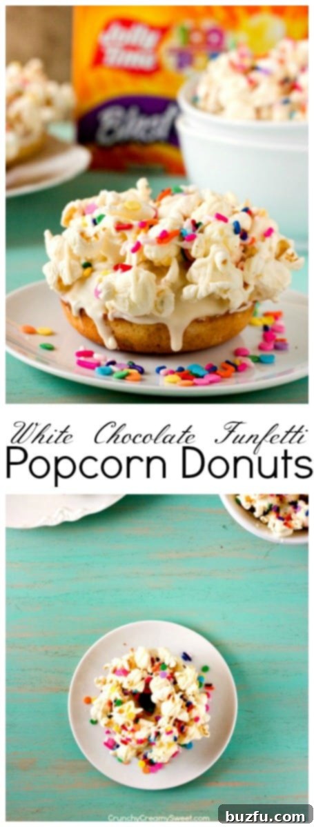 Sweet & Salty Confetti Pop Donuts 5 White Chocolate Funfetti Popcorn Donuts - a perfect fun treat for a party or celebration.