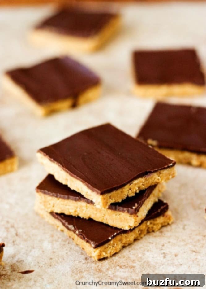 Decadent No-Bake Chocolate Peanut Butter Bars Close-up of No-Bake Chocolate Peanut Butter Bars, showcasing the thick peanut butter layer and chocolate topping