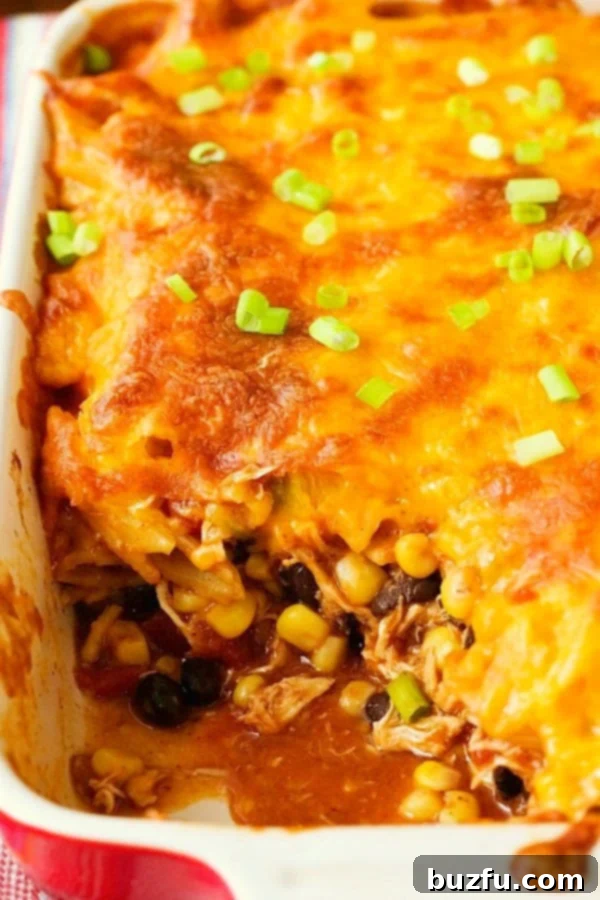 Cheesy Chicken Enchilada Pasta Bake in a rustic casserole dish, topped with fresh cilantro.