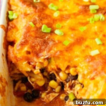 Cheesy Chicken Enchilada Pasta Bake, ready to be served from the casserole dish.